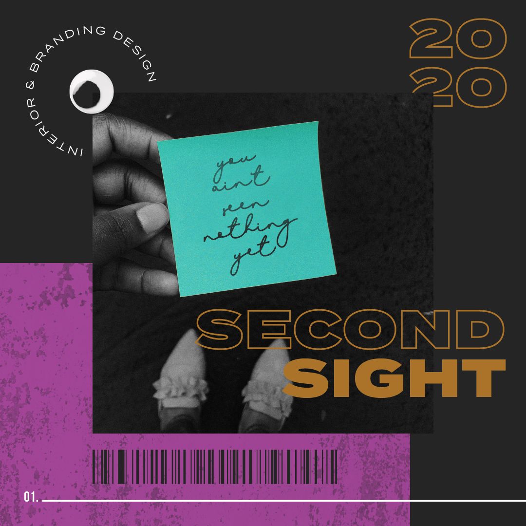 Black, purple and gold artwork Second Sight 2020. Hand holding a postcard that says "You ain't seen nothing yet"