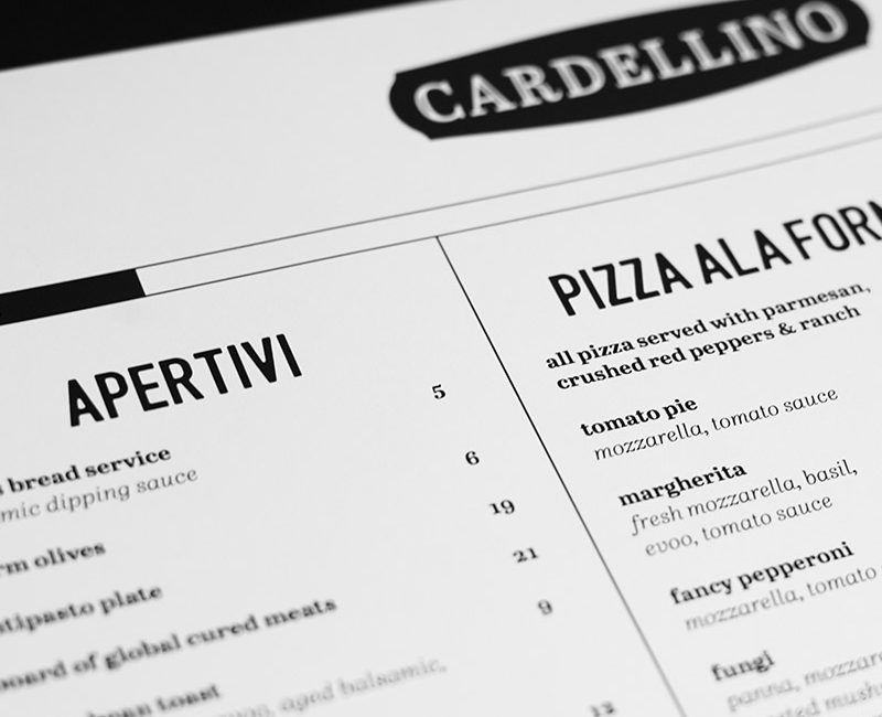 Black and white Cardellino restaurant menu featuring Apertivi and pizzas such as tomato pie, margherita, fancy pepperoni, and fungi