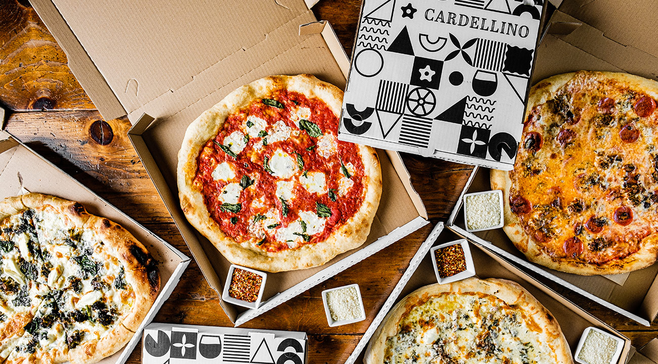Branded pizza boxes with italian style pizzas from Cardellino