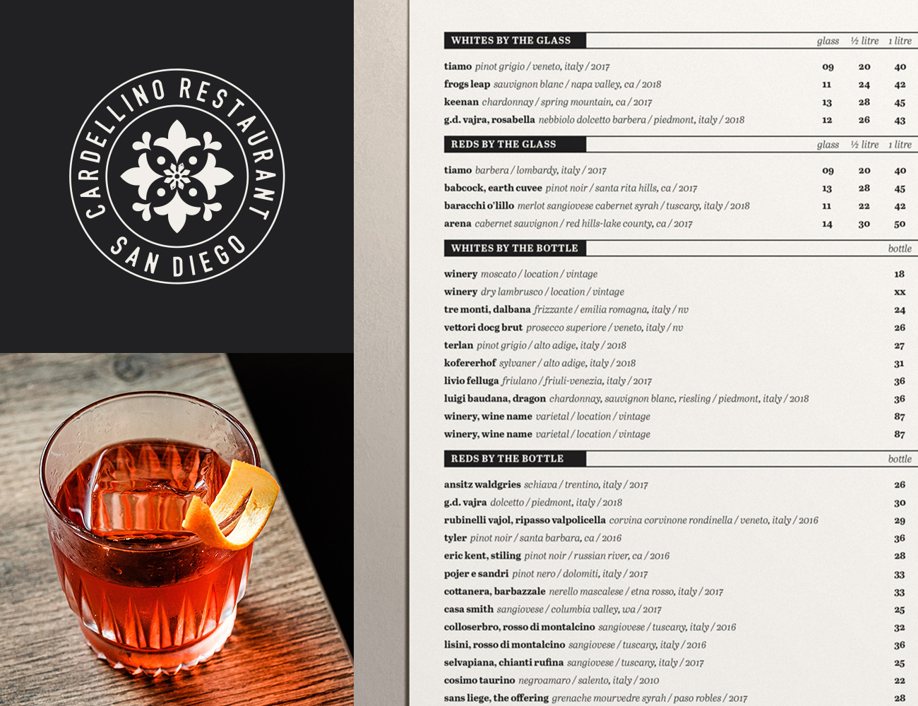 Sample menu at Cardellino and a picture of an Old Fashioned cocktail