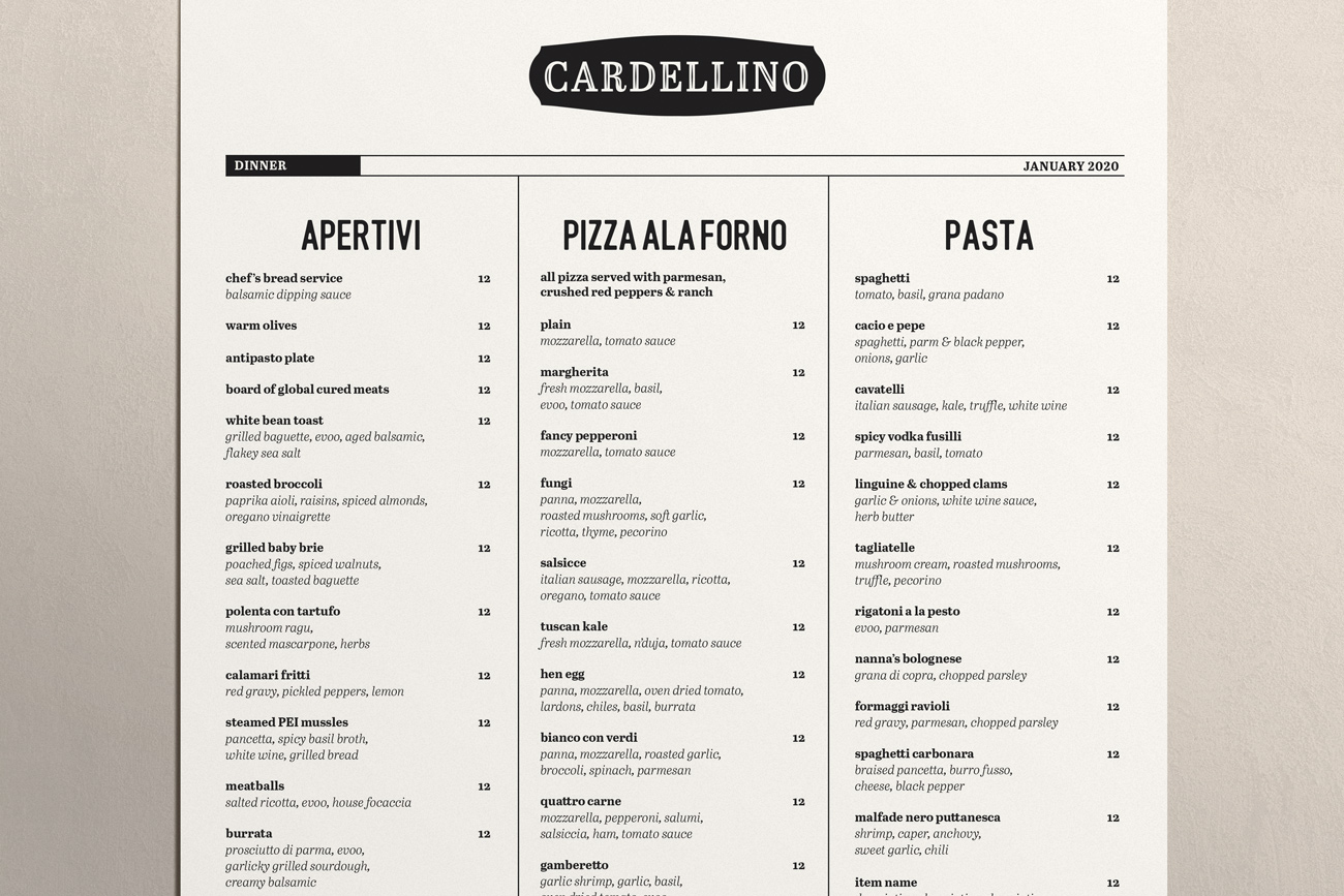 Sample of Cardellino's restaurant menu